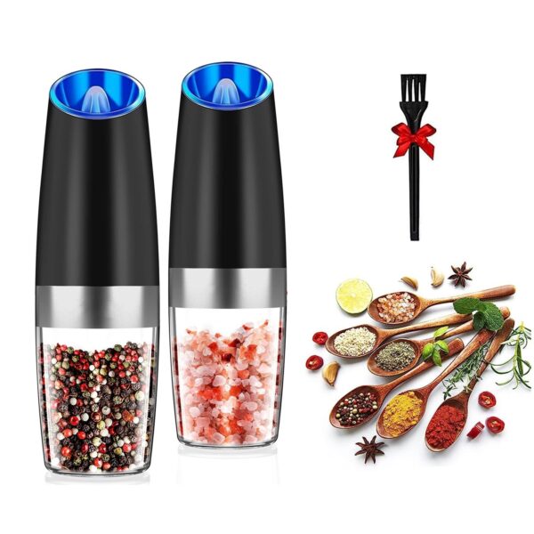 2Pcs Gravity Sensing Salt and Pepper Grinder Automatic Electric Salt Mill Grinder With Built-in LED Lights Adjustable Coarseness One Hand Operation Battery Operated Salt Grinder